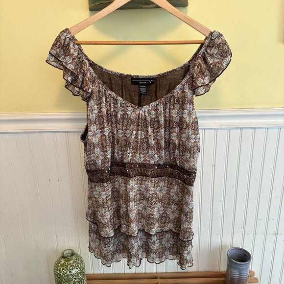 Venezia y2k blouse Brown & Blue Floral Pattern Off-Shoulder Ruffle Blinged - Picture 1 of 7